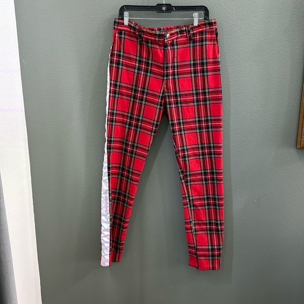 Red Plaid Men's Track Pants with White Side Stripe